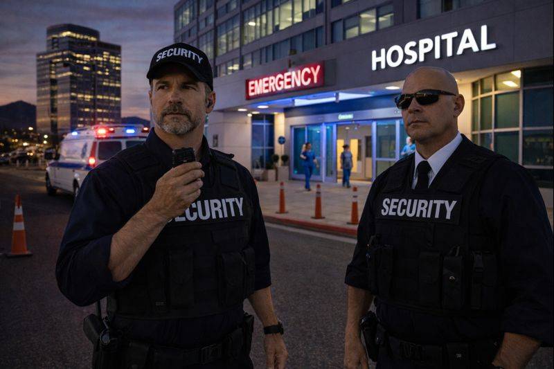 Two security personnel in uniforms with 'SECURITY' text outside a hospital emergency entrance at night.