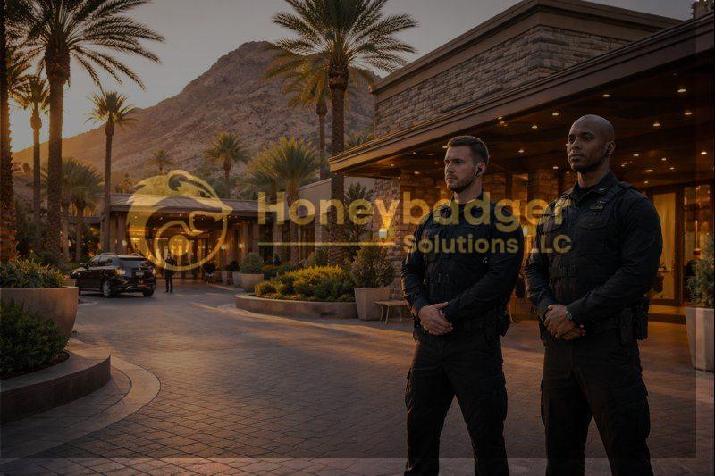 Two security personnel standing guard at the entrance of a hotel in Paradise Valley during sunset.