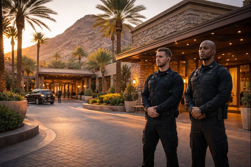 Two security personnel standing guard at the entrance of a hotel in Paradise Valley during sunset.
