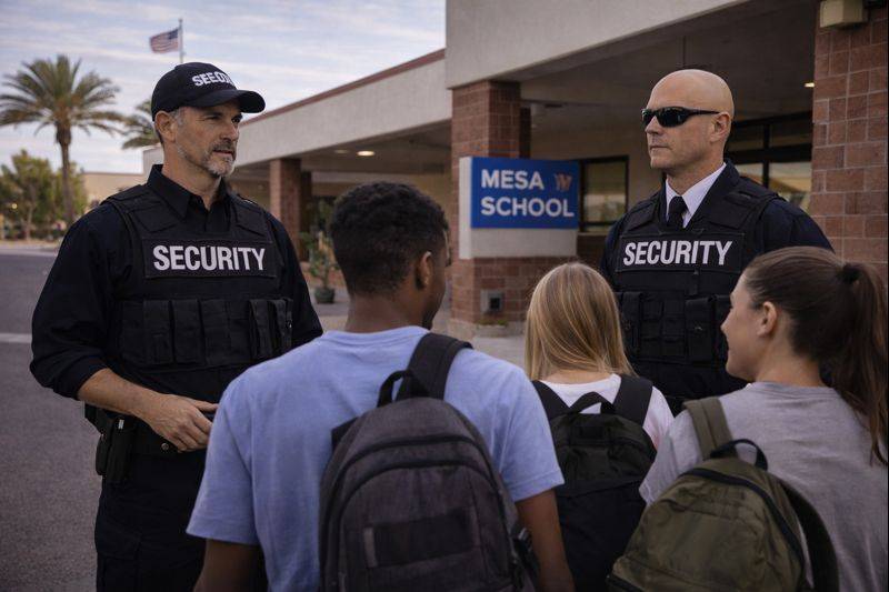 Two security personnel in uniforms with 'SECURITY' on their vests at Mesa School, interacting with students.
