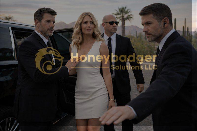 A group of security personnel assisting a client in a white dress near a black vehicle in a desert setting.