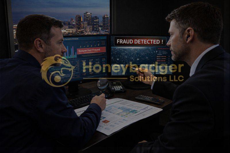 Two professionals discussing suspected fraud with multiple computer screens displaying data and alerts.