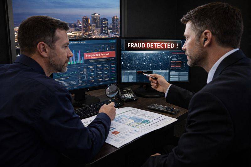 Two professionals discussing suspected fraud with multiple computer screens displaying data and alerts.