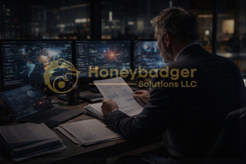 A man reviewing documents while seated at a desk with multiple computer monitors displaying data and graphics.