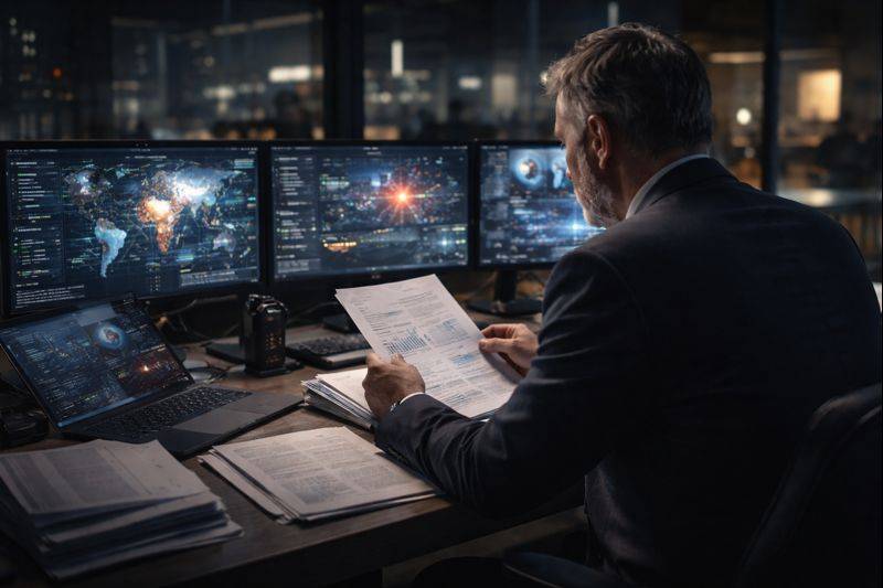 A man reviewing documents while seated at a desk with multiple computer monitors displaying data and graphics.