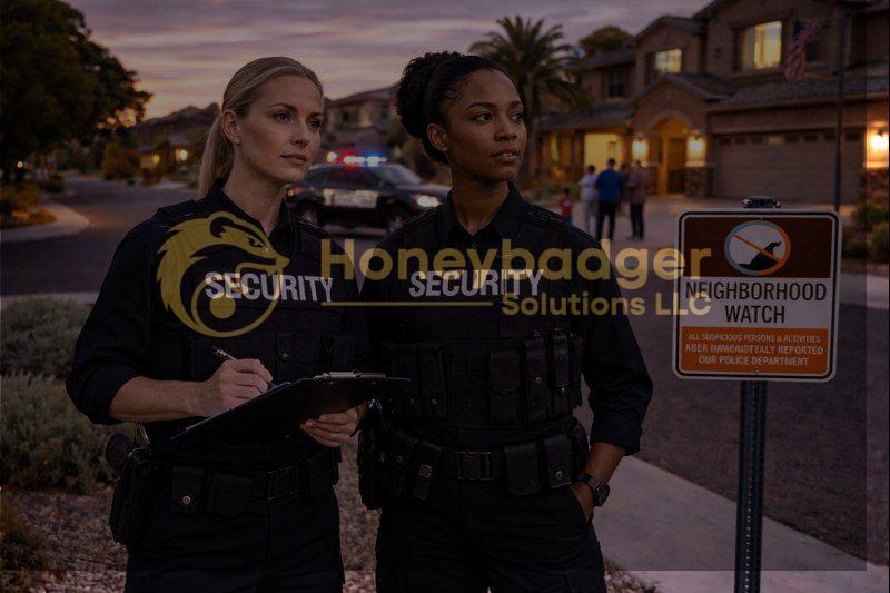 Two security personnel in uniforms observing a neighborhood watch area with a sign indicating neighborhood watch.