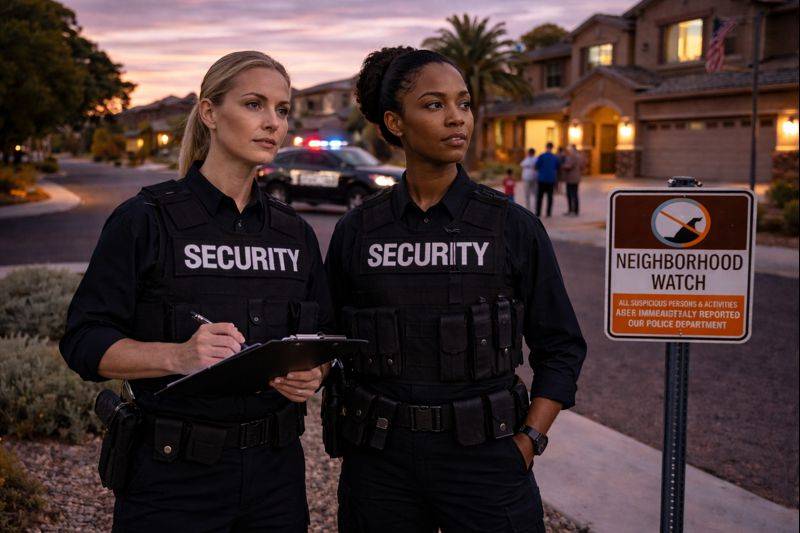Two security personnel in uniforms observing a neighborhood watch area with a sign indicating neighborhood watch.