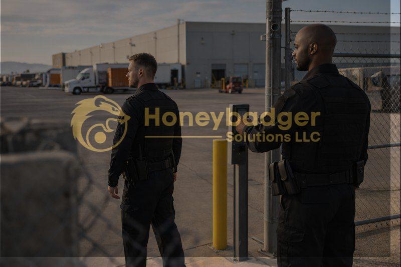 Two security personnel in black uniforms standing at an industrial site entrance with a keypad.