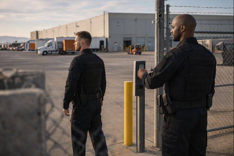 Two security personnel in black uniforms standing at an industrial site entrance with a keypad.