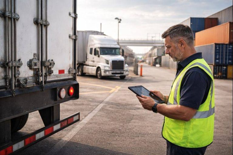 Logistics coordinator checking a trailer before a movement