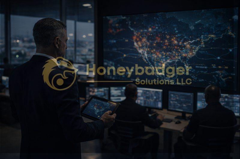 Professional analyzing data on a tablet while observing a large screen displaying a map of North America with data points.