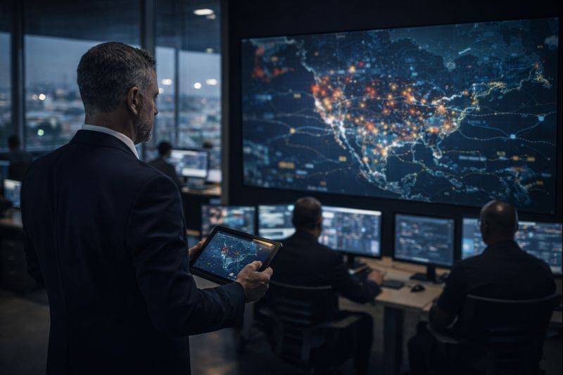 Professional analyzing data on a tablet while observing a large screen displaying a map of North America with data points.