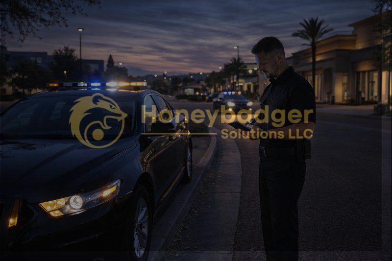 A police officer in uniform standing next to a black patrol car while using a smartphone in a suburban area.