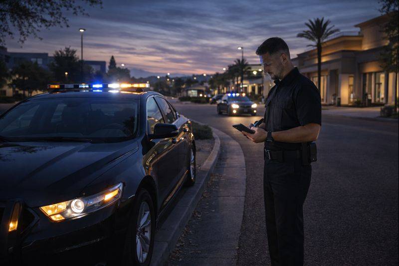 A police officer in uniform standing next to a black patrol car while using a smartphone in a suburban area.