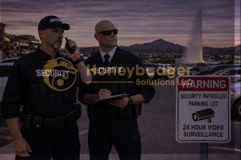 Two security personnel in uniforms monitoring a parking lot with a warning sign about surveillance.