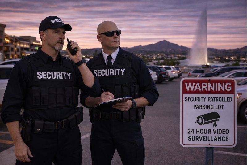 Two security personnel in uniforms monitoring a parking lot with a warning sign about surveillance.