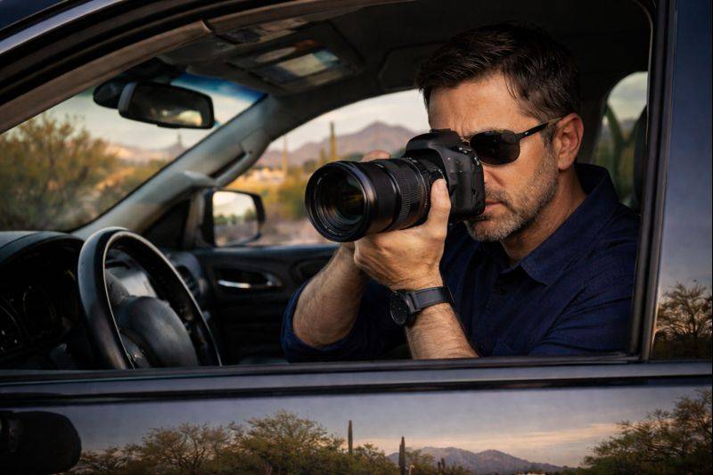 A man wearing sunglasses holds a camera while seated in a vehicle, preparing to take a photograph.