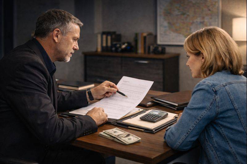 A man and a woman discussing documents at a table with a calculator and cash present.