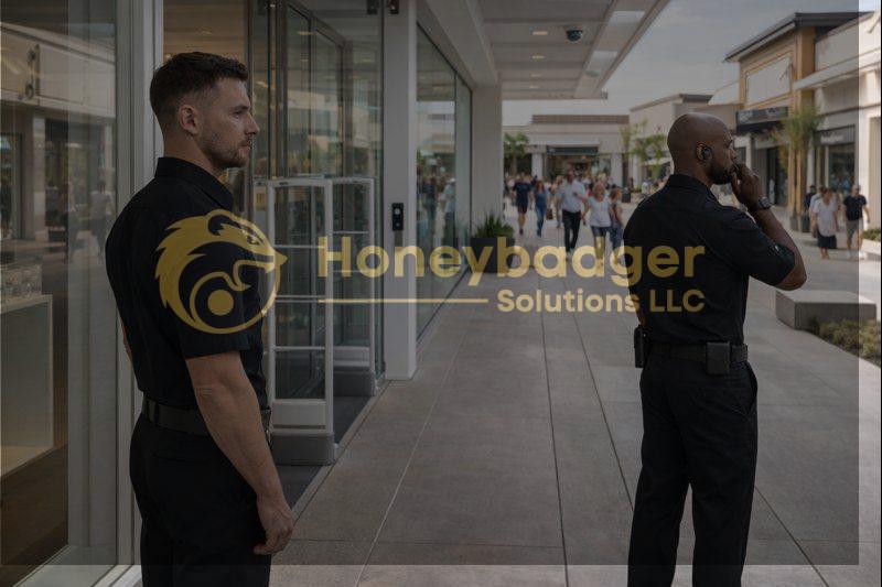 Two security personnel in black uniforms monitoring a retail area with shoppers in the background.