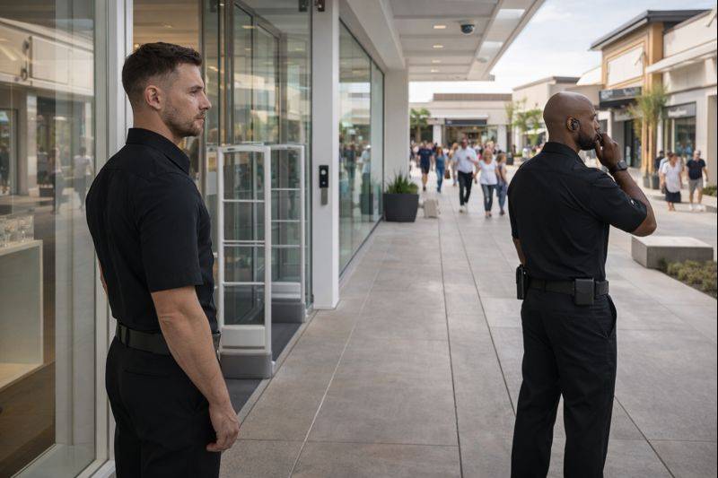 Two security personnel in black uniforms monitoring a retail area with shoppers in the background.