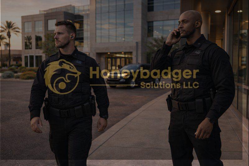 Two security guards in black uniforms walking outside a building while one is on a phone call.