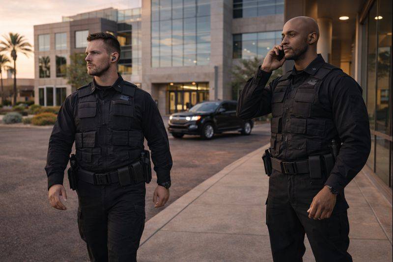 Two security guards in black uniforms walking outside a building while one is on a phone call.