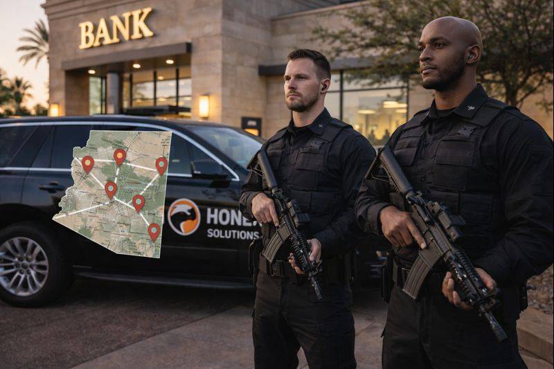 Two security personnel standing outside a bank, holding rifles, with a map of Arizona displayed.