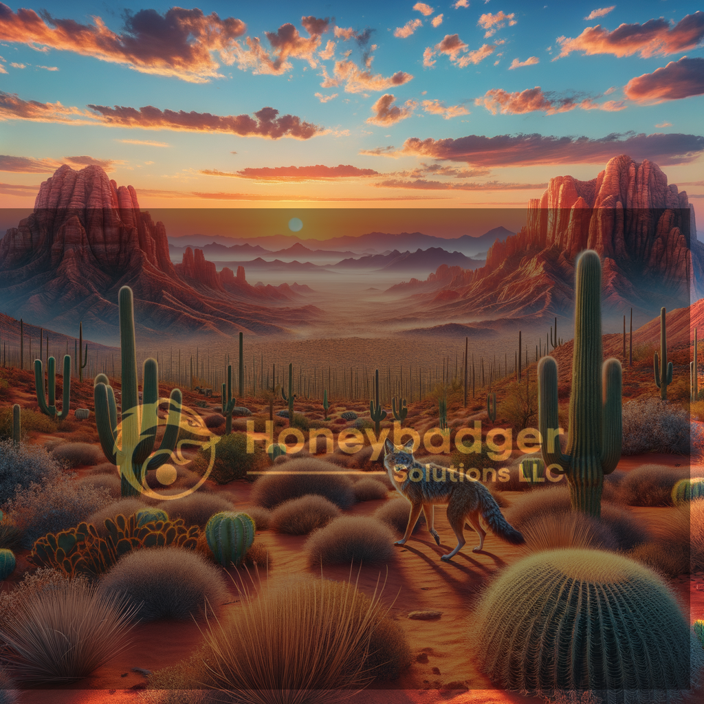 A desert landscape in Arizona featuring cacti and a sunset with a coyote walking through the foreground.