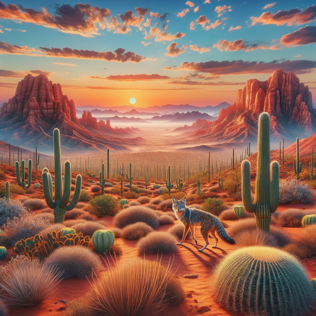 A desert landscape in Arizona featuring cacti and a sunset with a coyote walking through the foreground.