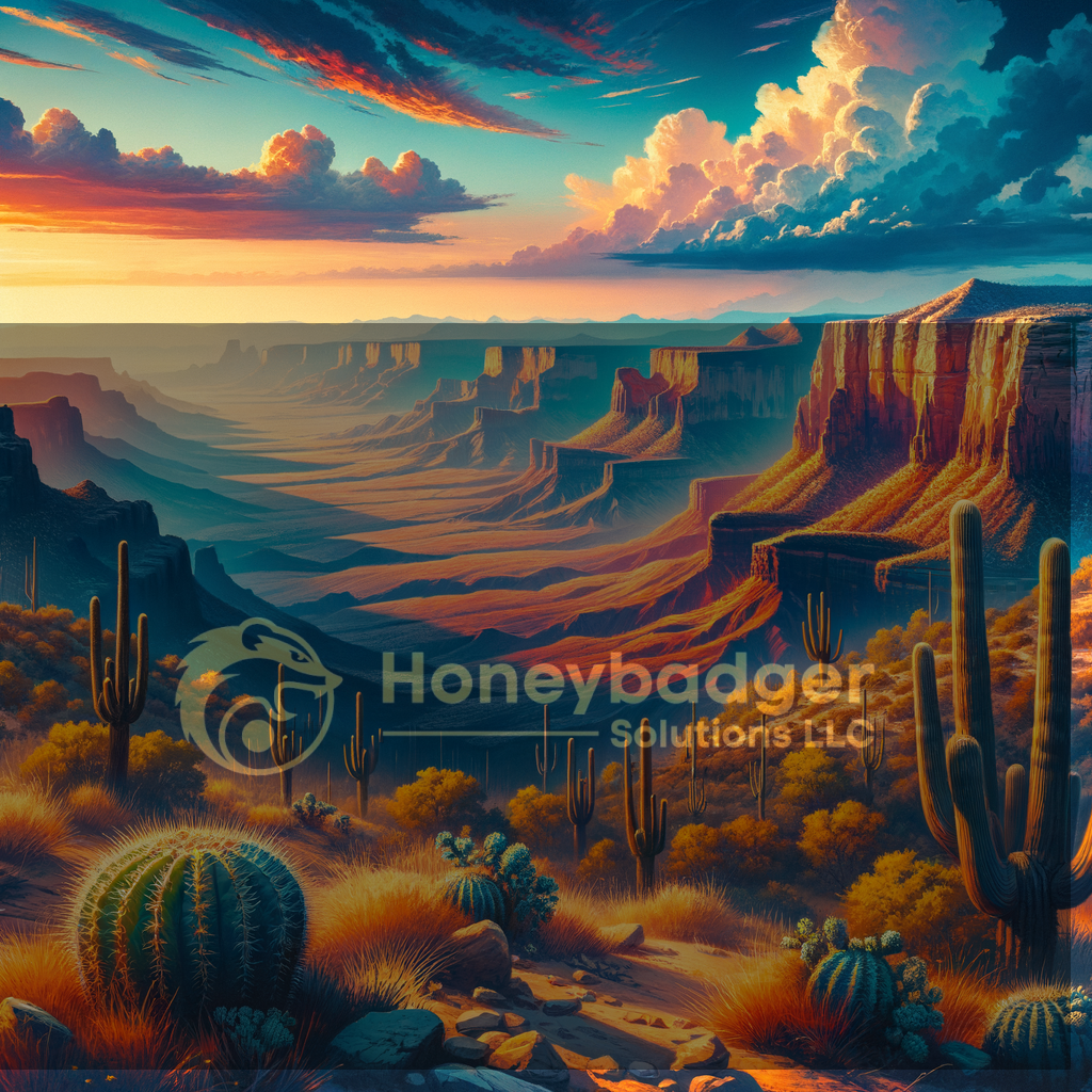 Vibrant desert landscape in Arizona featuring canyons, cacti, and a colorful sunset sky.