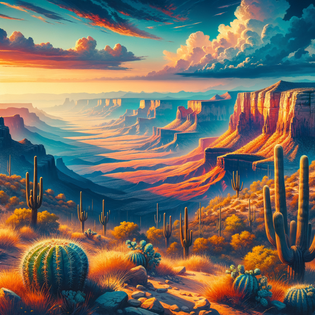 Vibrant desert landscape in Arizona featuring canyons, cacti, and a colorful sunset sky.