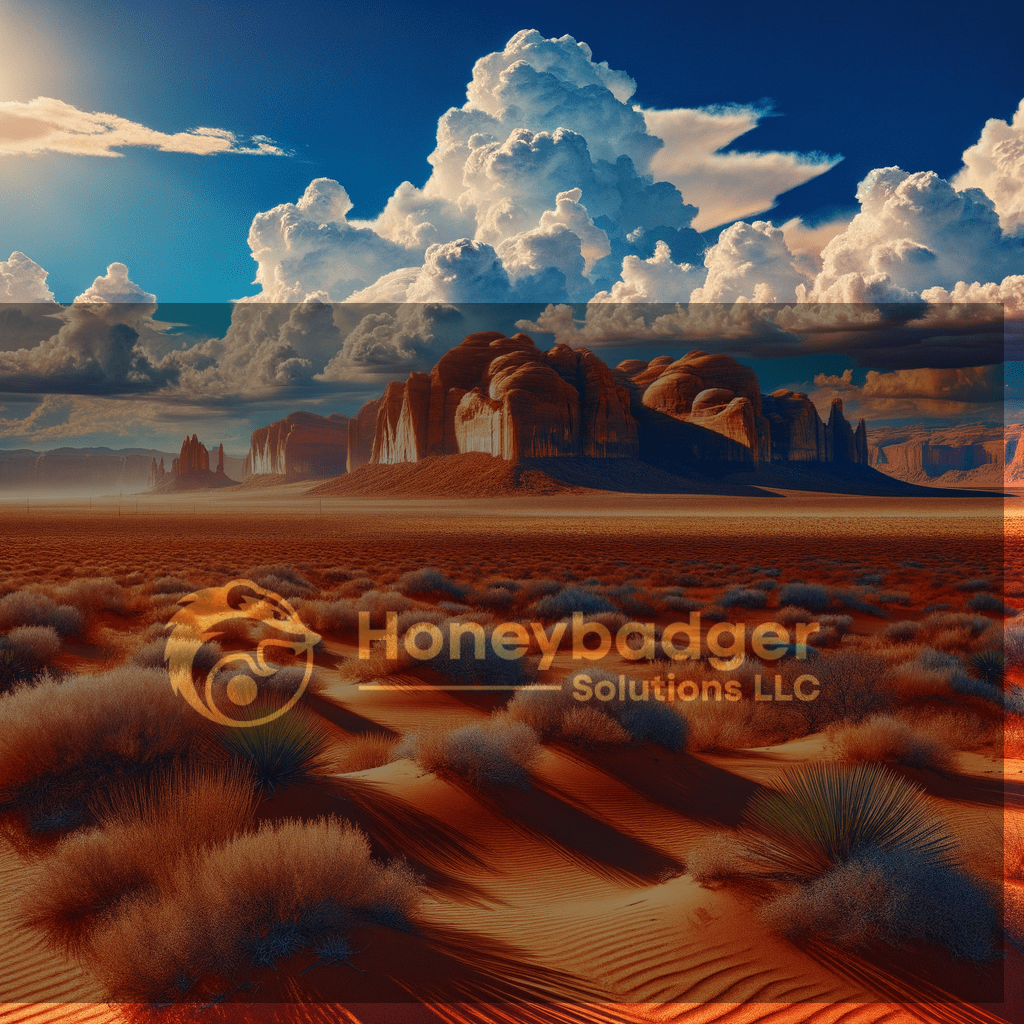 A scenic desert landscape in Arizona with red sand dunes and dramatic clouds in the sky.
