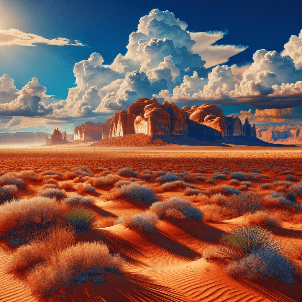 A scenic desert landscape in Arizona with red sand dunes and dramatic clouds in the sky.