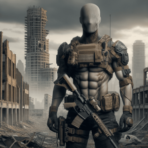 Armored soldier with a weapon standing in a desolate urban landscape with ruined buildings.