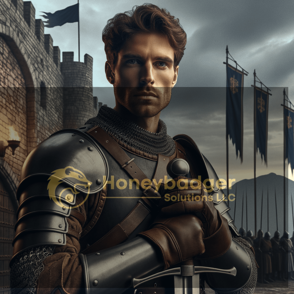 A knight in shining armor holding a sword, standing in front of a castle with banners in the background.