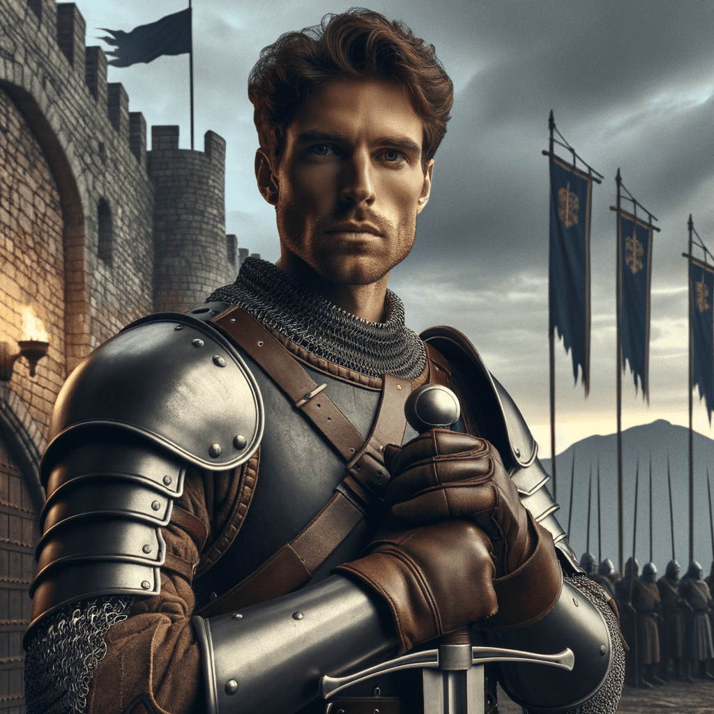 A knight in shining armor holding a sword, standing in front of a castle with banners in the background.