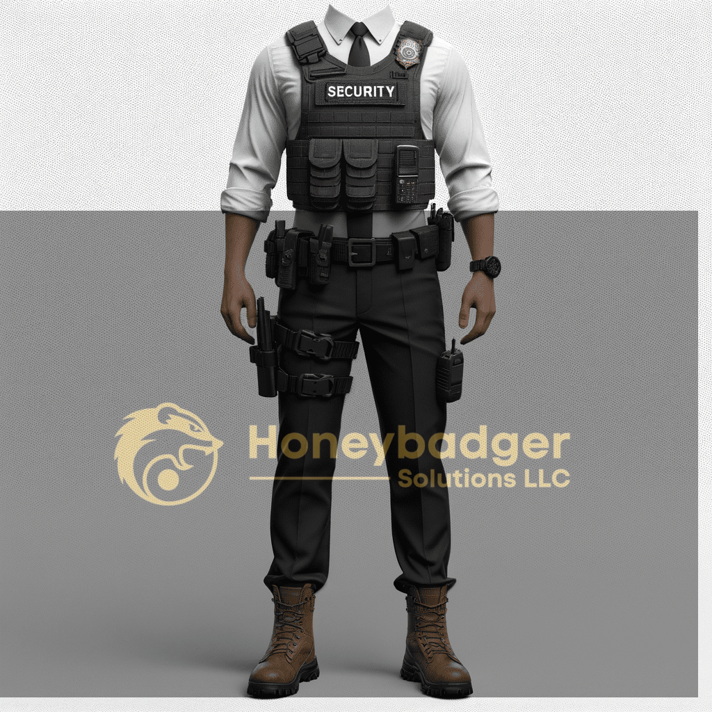 Security personnel wearing tactical gear, including a vest and utility belt, standing upright.