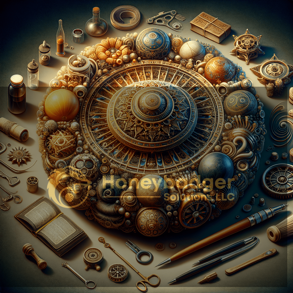 A detailed steampunk-themed arrangement featuring gears, globes, and various tools on a surface.