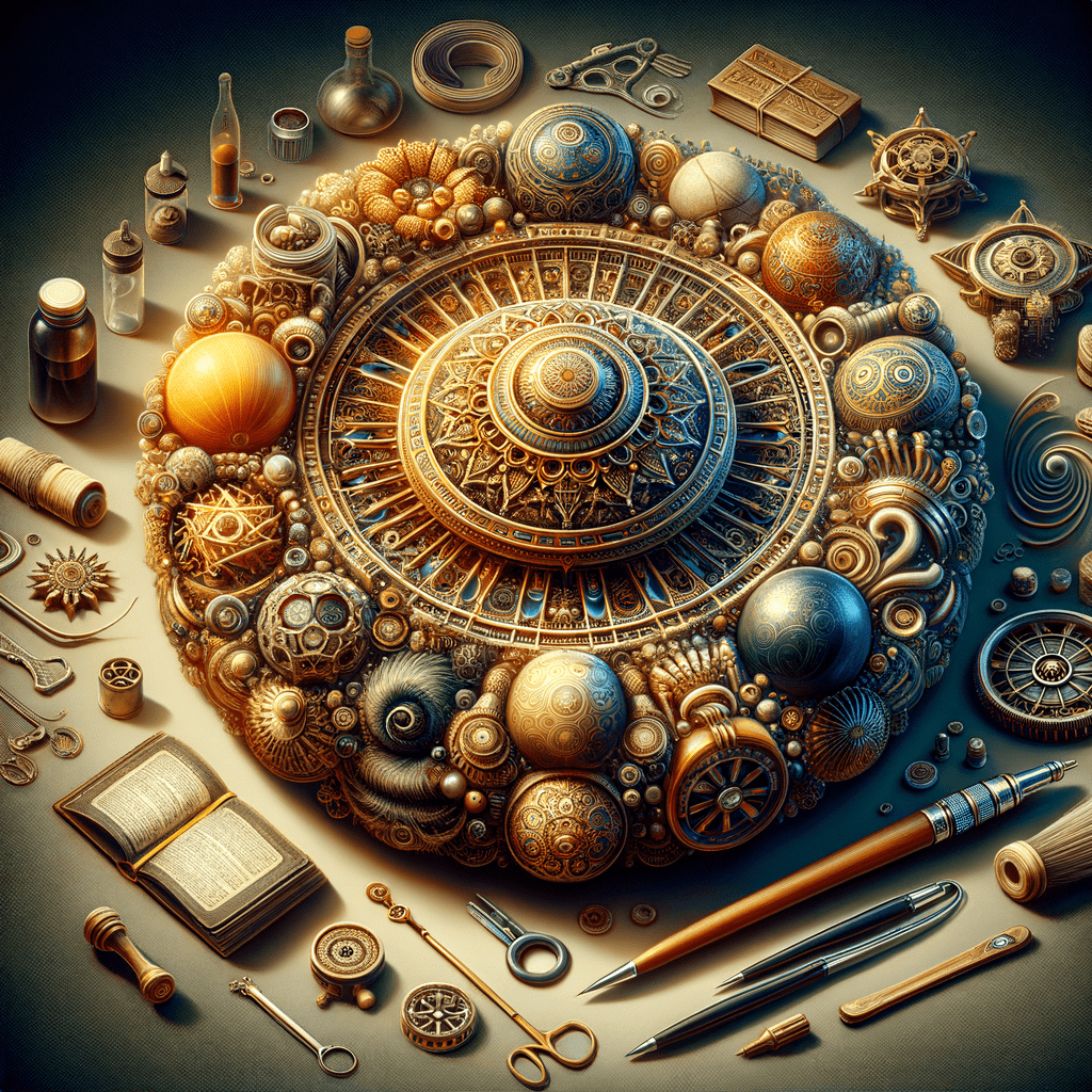 A detailed steampunk-themed arrangement featuring gears, globes, and various tools on a surface.
