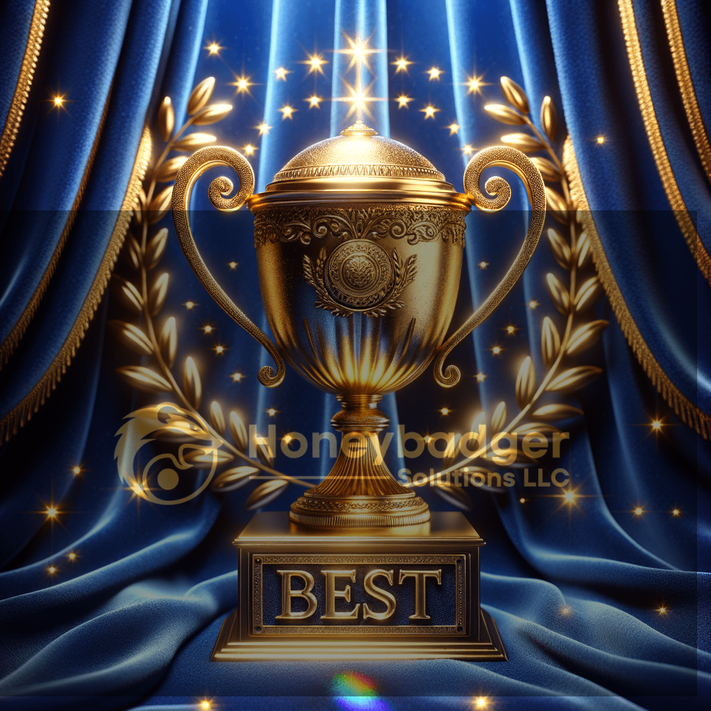 A golden trophy with ornate details and the word 'BEST' on a pedestal, set against a blue curtain background.