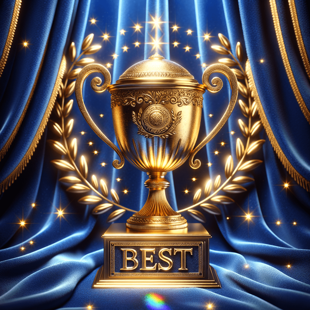 A golden trophy with ornate details and the word 'BEST' on a pedestal, set against a blue curtain background.