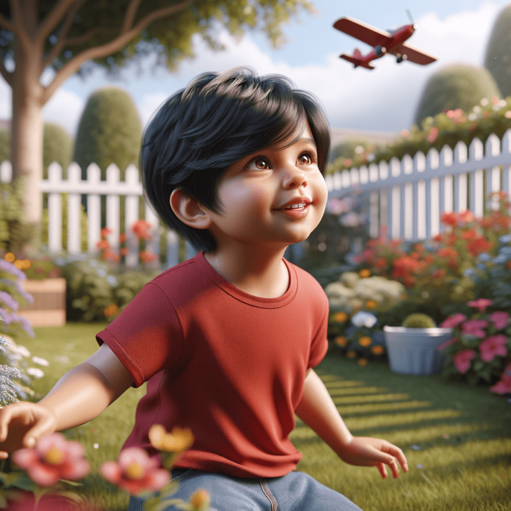 A young child with dark hair wearing a red shirt, smiling while sitting in a garden with flowers and a toy airplane in the background.