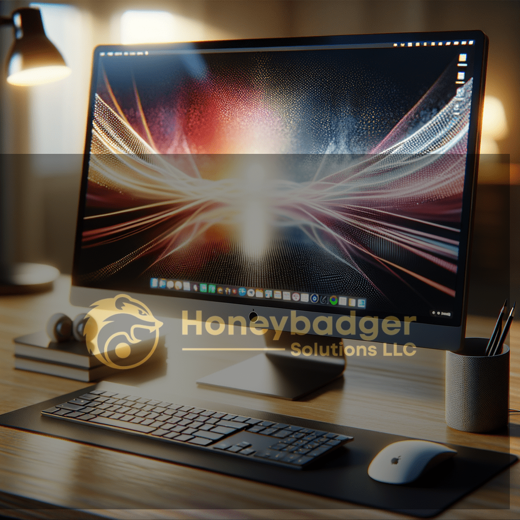 Desktop computer with a large screen displaying colorful abstract graphics, accompanied by a keyboard and mouse.