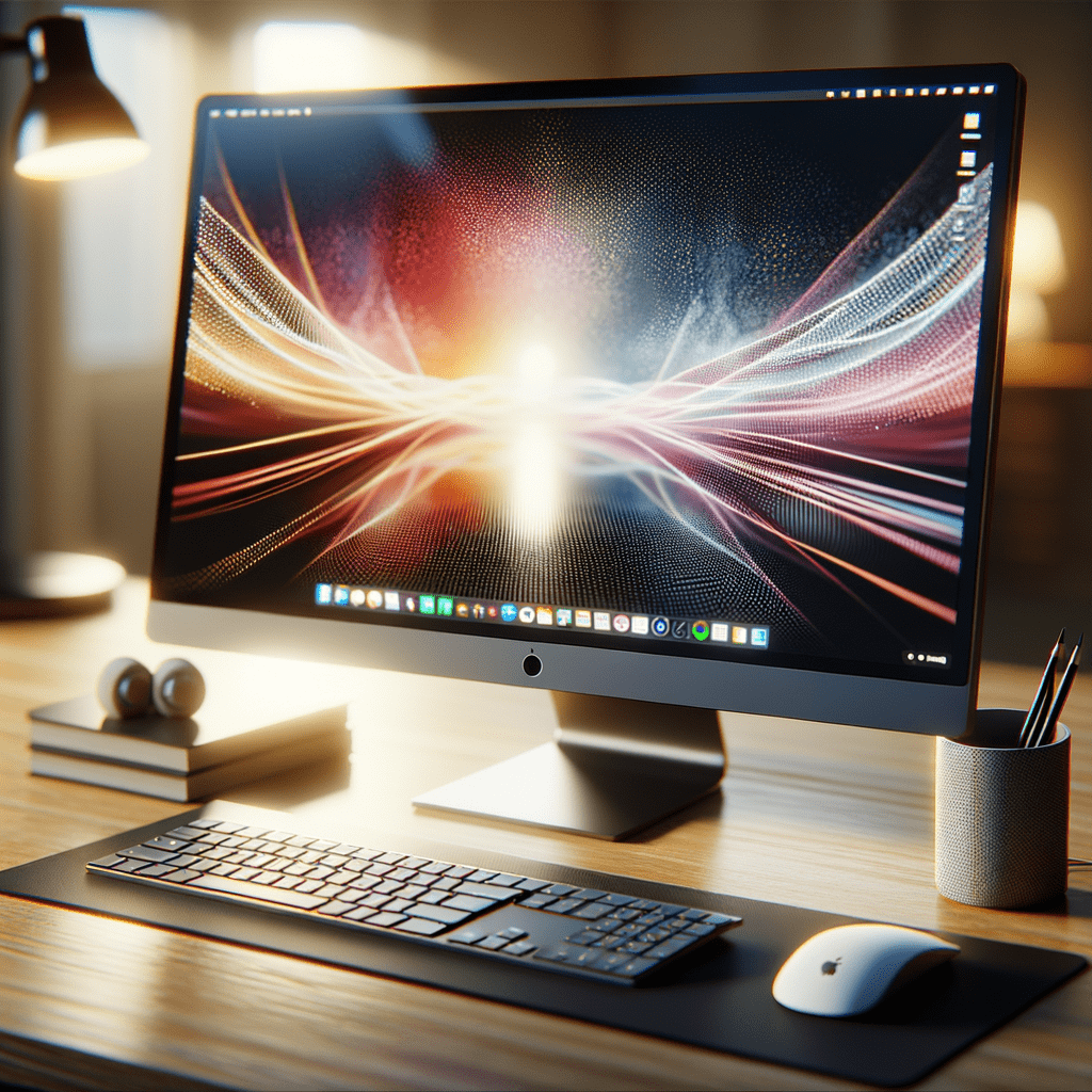Desktop computer with a large screen displaying colorful abstract graphics, accompanied by a keyboard and mouse.