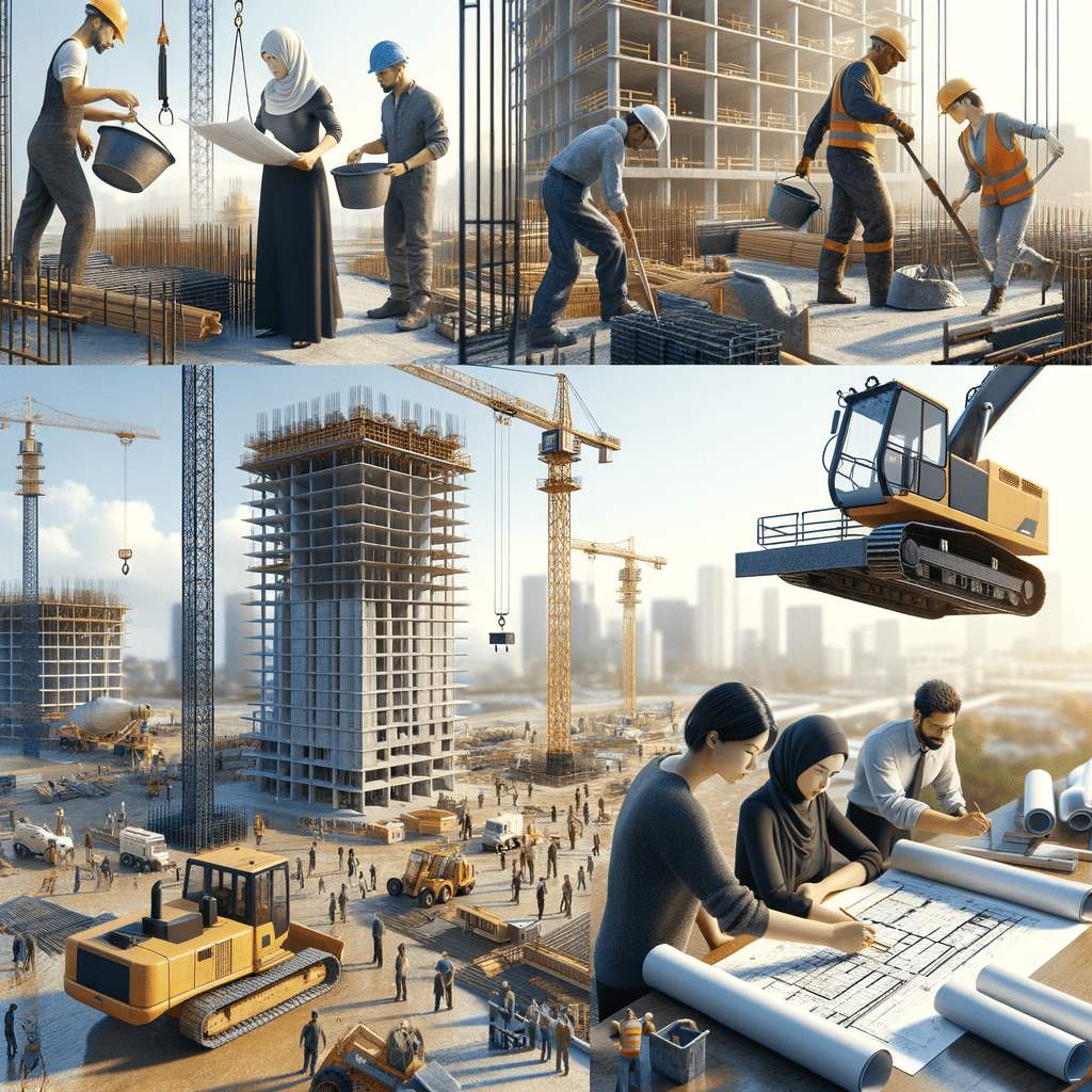 Construction site showing workers, cranes, and machinery involved in building a structure.