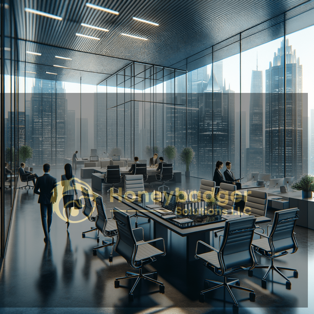Contemporary corporate office interior with glass walls and city skyline views.