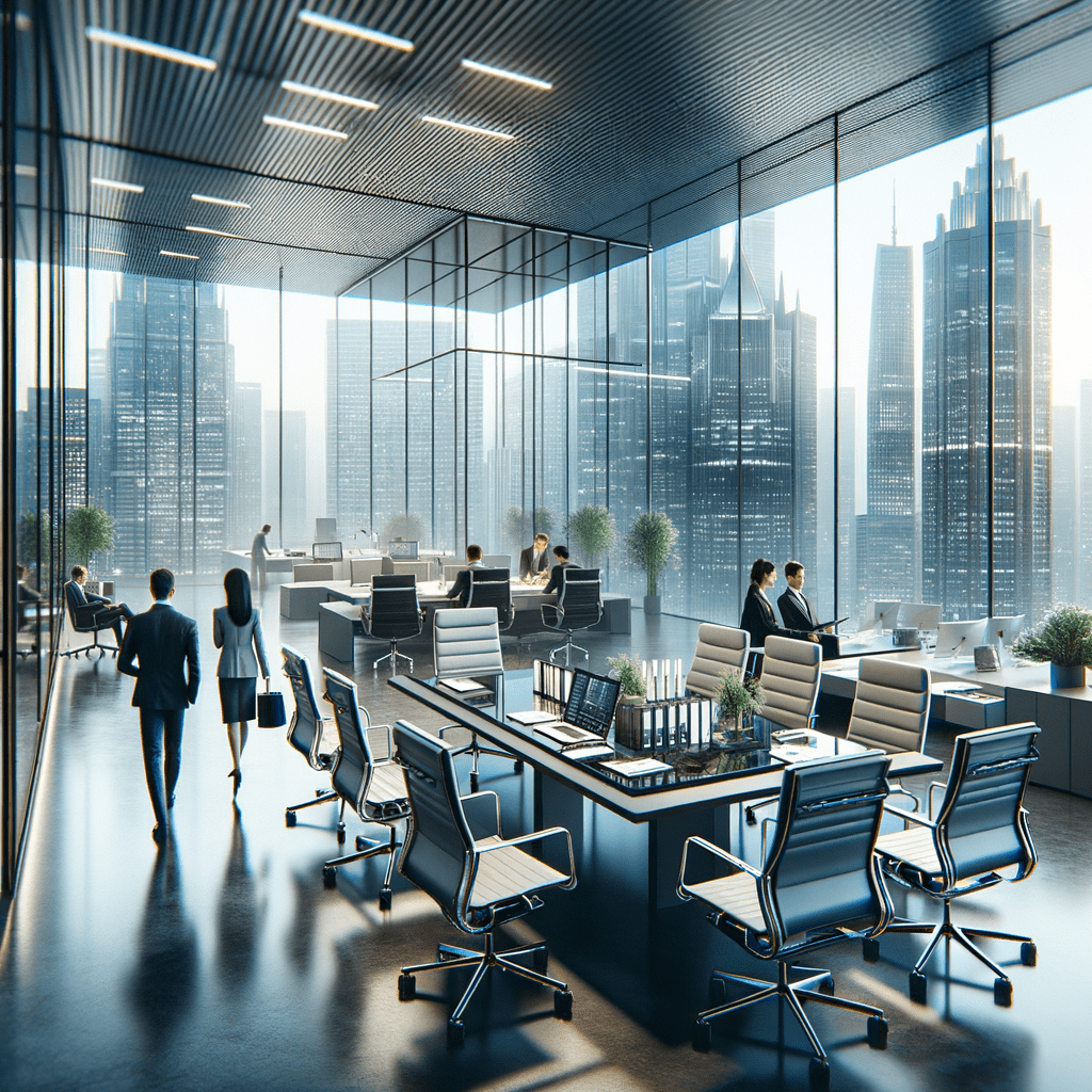 Contemporary corporate office interior with glass walls and city skyline views.