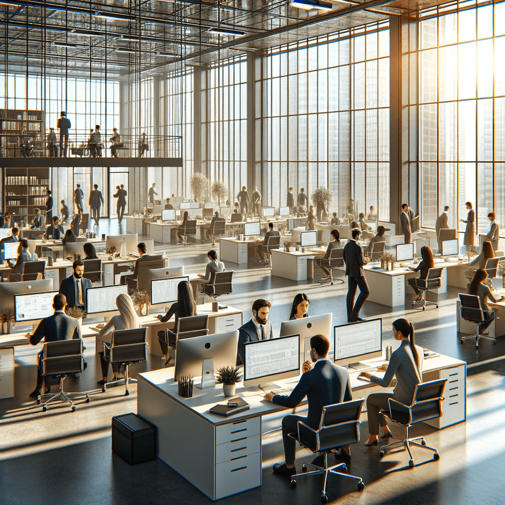 A spacious modern corporate office filled with employees working at desks with computers and large windows.