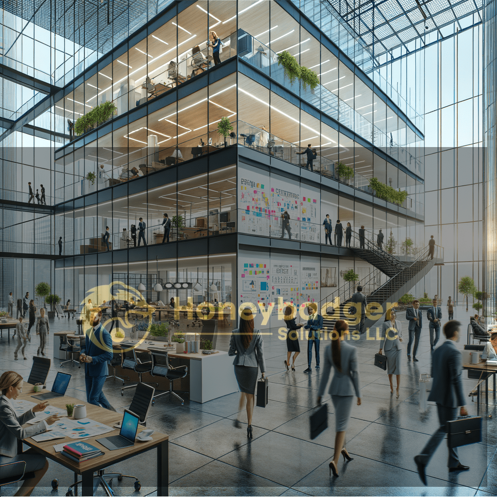 Interior view of a modern corporate office with multiple floors and glass walls.