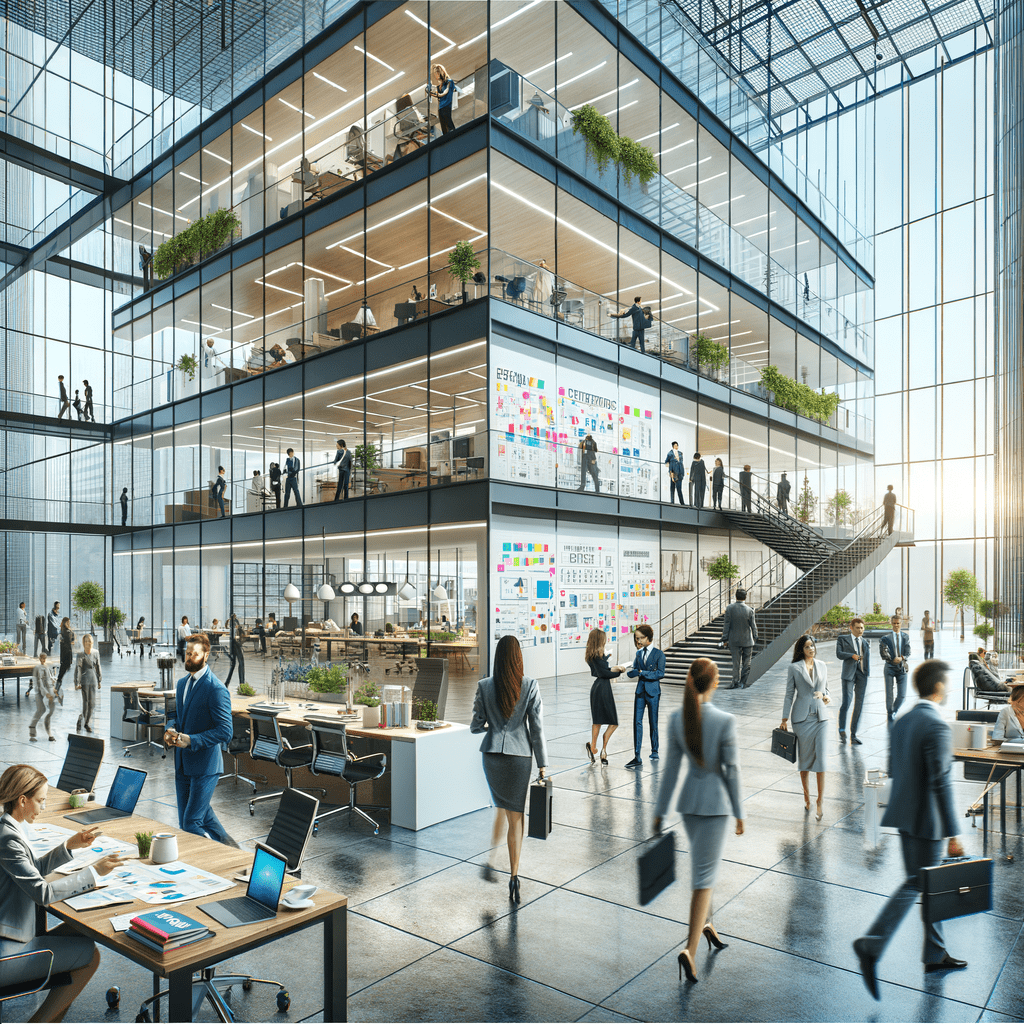 Interior view of a modern corporate office with multiple floors and glass walls.